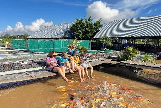 A group of people sitting in a pond with fish
AI-generated content may be incorrect.